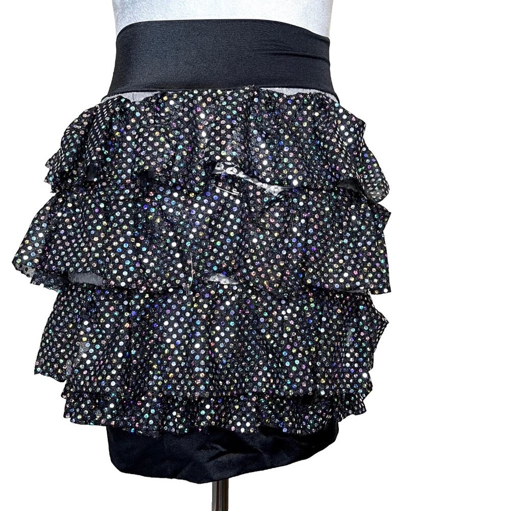 Toxic Vision Sequin Ruffle Mini Skirt Size XS Black Silver Club Rave Handmade